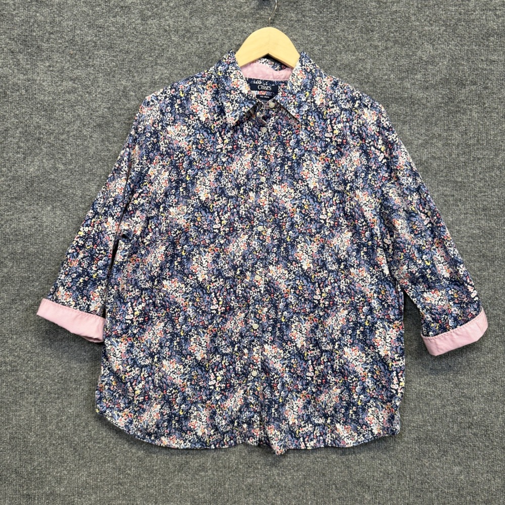 Chaps Plus Size 1X Shirt Pink Blue Floral Cotton No Iron Roll Up Sleeves Buttons